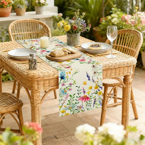 Lavender Daisy Spring Table Runner Beige 13x48 Inch for Dining & Parties