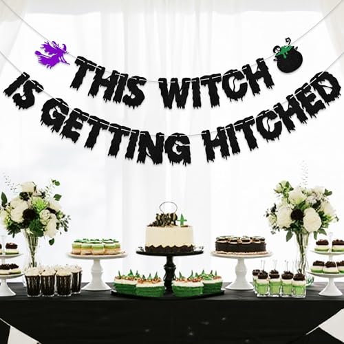 Halloween Bridal Shower Banner - This Witch Is Getting Hitched Decor, Glitter Party Decoration