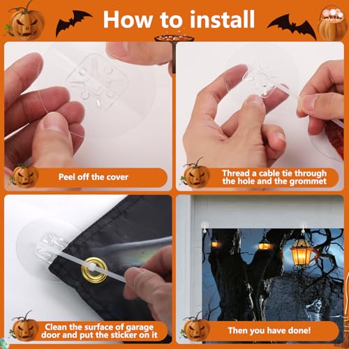 Grey Halloween Garage Door Cover 6x16Ft Haunted House Pumpkin Design - Indoor Outdoor Decor