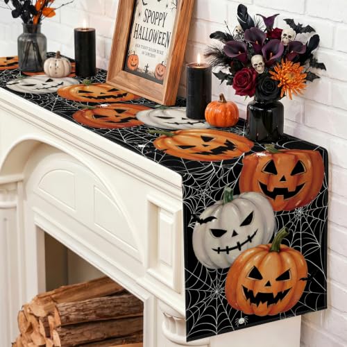 Halloween Jack-O'-Lantern Pumpkin Table Runner - 13x60 Inch Fall Kitchen Decor - Spider Web Bat Design - Artscope