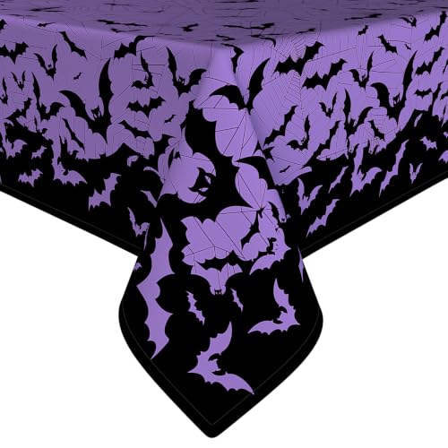 Halloween Bat and Spiderweb Square Tablecloth 70x70 Inch - Purple, Machine Washable