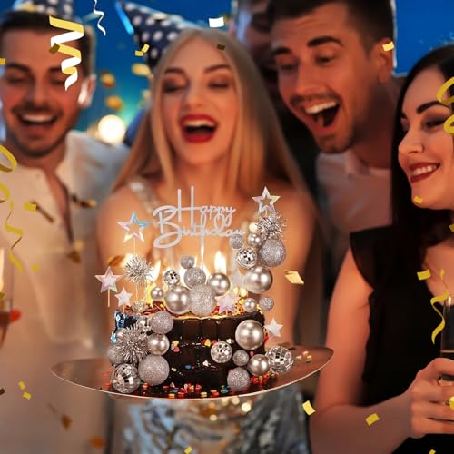 Disco Theme Cake Topper Set - 57 Pcs Birthday Party Decorations, Glitter Balls & Stars