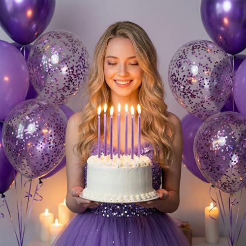 Purple Long Thin Birthday Candles - 24 Count Tall Cake Toppers with Metallic Luster - Party & Celebration Supplies