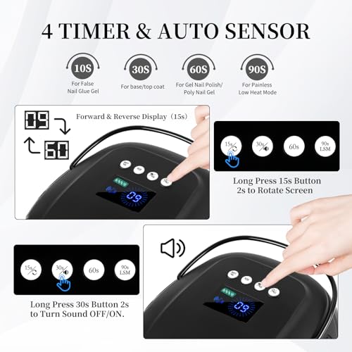 Rechargeable UV LED Nail Lamp - Black, 126W Cordless Gel Dryer with Auto Sensor & 4 Timer Settings