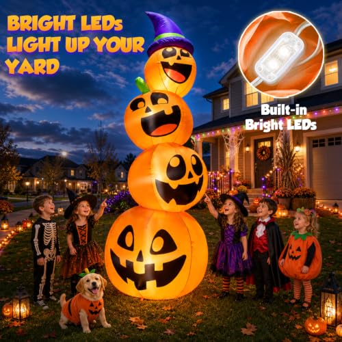 Giant 12FT Halloween Inflatable Pumpkin Stack with LED Faces & Witch Hat - Outdoor Yard Decor