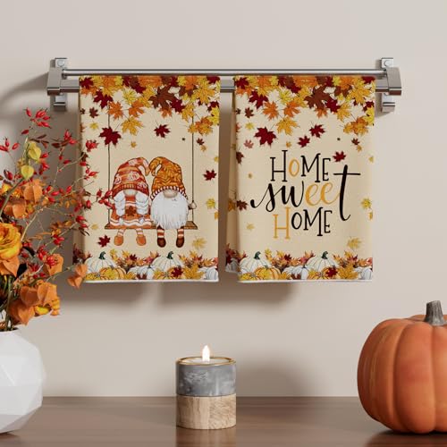 Gnome Pumpkin Dish Towels Set of 2 - Fall Kitchen Decor 18x26 Inches