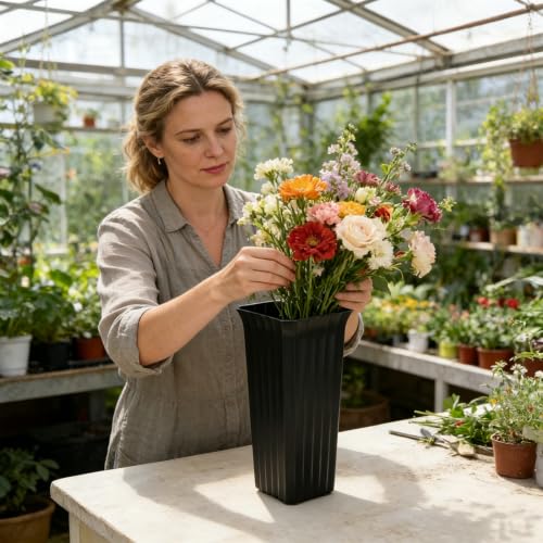 Black Plastic Flower Buckets 11.8 Inch Square Vases for Centerpieces - Set of 6