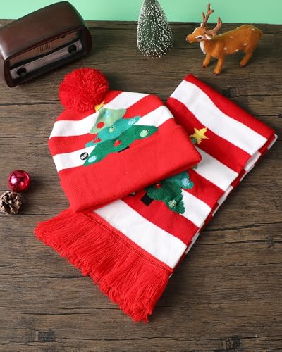 Xmas Tree Pattern Christmas Hat with Scarf Set - Santa Beanie & Knit Accessory for Holiday Party