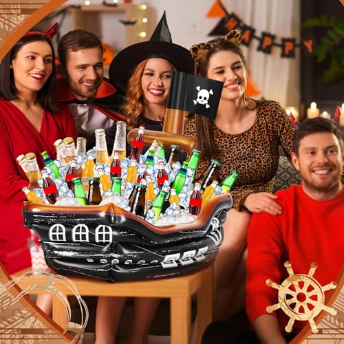 Inflatable Pirate Ship Drink Cooler with Skull Flag - Classic Colors, 36x44 Inches