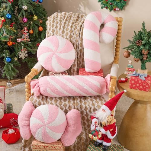 Pink Christmas Candy Pillows Set of 4 - Festive Long Lumbar Throw Cushions for Sofa & Bedroom - Holiday Decor