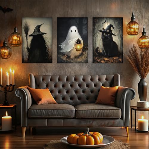 Halloween Wall Art Canvas Set - 3 Large Spooky Witch Ghost Black Cat Posters
