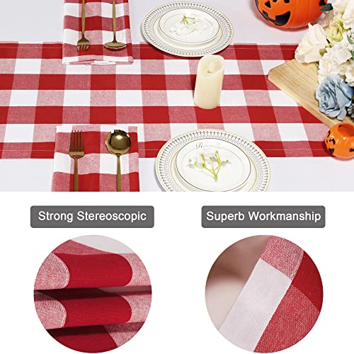 Buffalo Plaid Cotton Blend Table Runner - Red & White Checkered Farmhouse Decor, 14x108 Inch