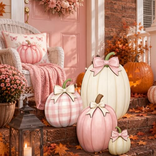 Fall Pink Pumpkin Decor Set with Bows - Outdoor Porch Halloween Autumn
