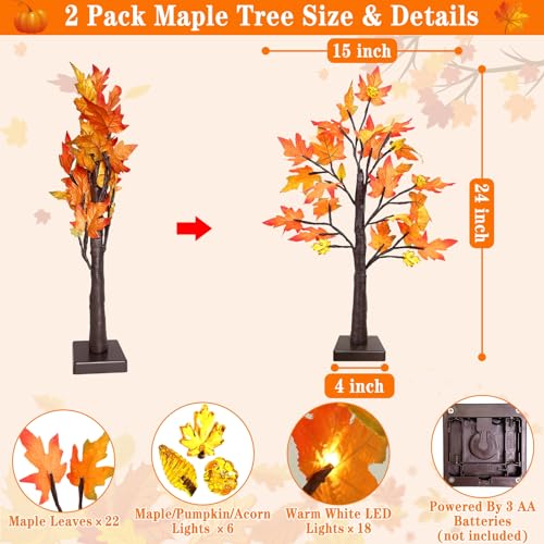 24 Inch Fall Maples Tree Decor Set - 2 Pack Prelit Autumn Trees with LED Lights