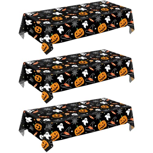 Halloween Pumpkin Ghost Tablecloth Set - Disposable 54x108 Inches, 3 Pack