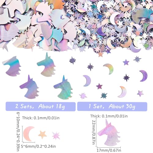 Star Moon Unicorn Confetti Glitter Set for Party Decorations - Silver Iridescent Foil, 60-70g