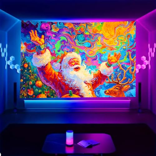 Merry Christmas Black Light Tapestry - UV Reactive Wall Hanging Santa Tree Snowman Elk 90L x 70W Unframed