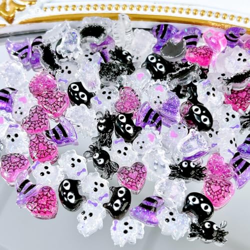 Halloween Nail Charms Set - Purple Ghost Spider Web Rhinestones & 3D Nail Gems - Variation 12