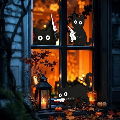 Halloween Wall Decor Set of 3 Black Cats with Knife - Spooky Wooden Party Decorations