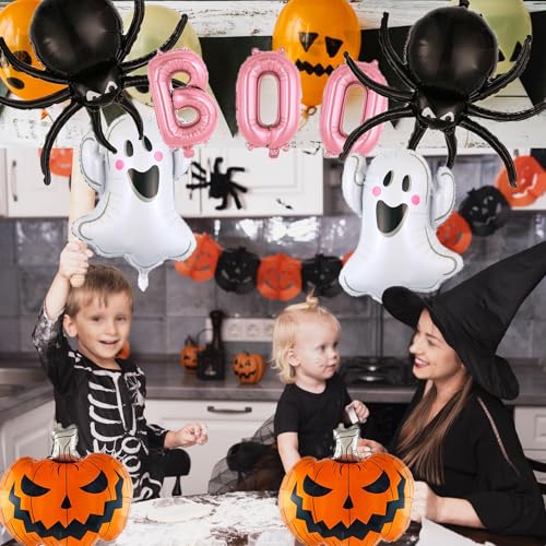 Halloween Foil Balloons Set - Ghost, Spider, Pumpkin & Pink Boo for Party Decorations