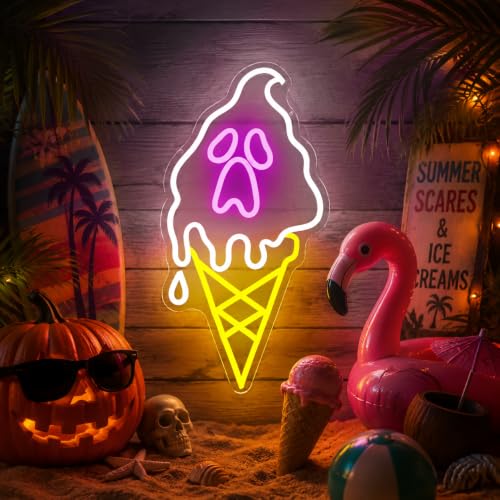 Halloween Neon Sign Dimmable Ghost Ice Cream Design Wall Decor - White-GhostIce