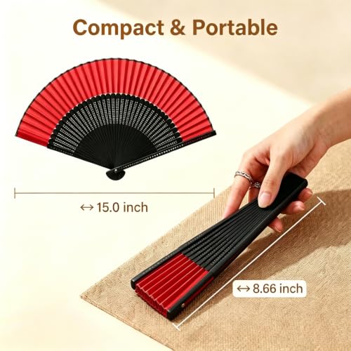 Medium Handheld Fan for Women Vintage Bamboo Silk Redblack - Elegant Dance & Party Accessory