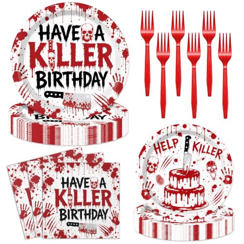 Killer Bloody Hand Disposable Party Plates Napkins & Forks Set - Halloween & Horror Theme Variation