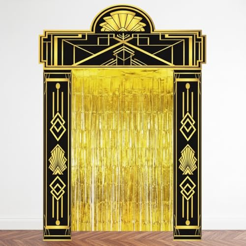 1920s Speakeasy Party Decorations Gold Foil Curtain Backdrop & Balloons