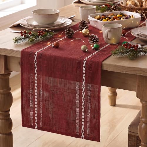 Red Embroidered Farmhouse Table Runner 13x36 Inch - Rustic Holiday Decor