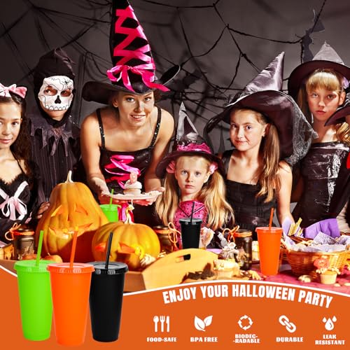 Halloween Plastic Cups Set with Lids and Straws - 24 Oz Reusable Drinkware - Black, Orange, Green - 12 Pack