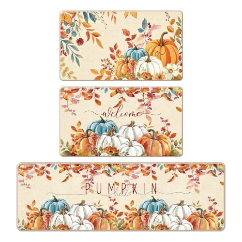 Fall Pumpkin Kitchen Mat Set - Autumn Fall Kitchen Rugs, 3-Piece with Non-Slip Backing