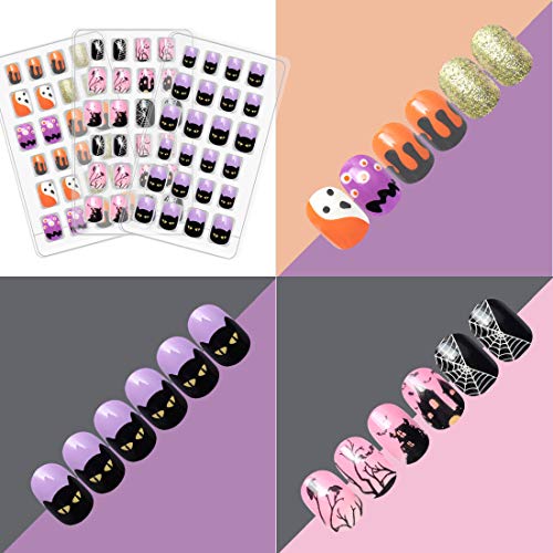Kids Halloween Press-On Nails Set - 120pcs Glitter Rainbow Short Fake Nails with Variations