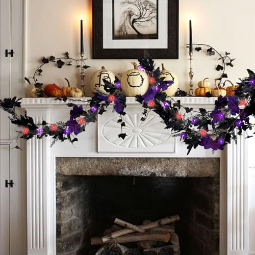 Halloween Maple Leaf Garland with Purple Orange LED Lights 5.9 ft - Fall Decorations
