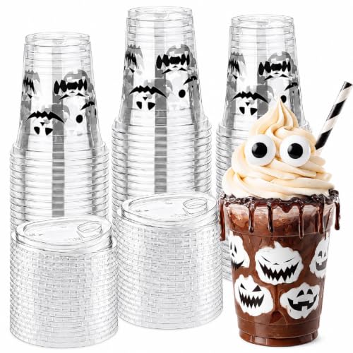 Halloween Pumpkin Cups with Lids - 12 oz, 50 Pack, Pumpkin Variation