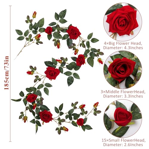 Artificial Red Rose Garland - 6FT Hanging Flower Vine for Wedding & Decor - Red, 1 Piece