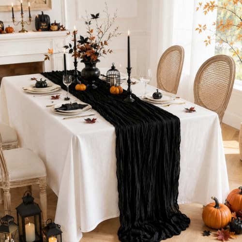 Black Cheesecloth Table Runner Set - 3 Pack 35x120 Inches for Halloween and Events - Boho Rustic Decor