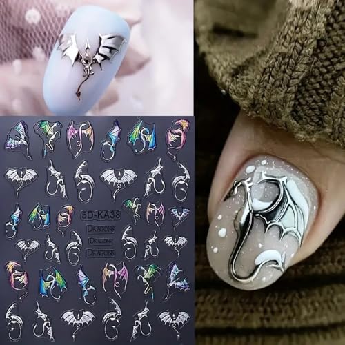 Halloween 5D Embossed Nail Art Stickers - Silvery Bat & Dragon Pattern - Q2 Variation