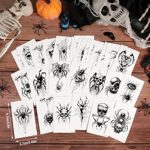 Skeleton Spider Halloween Tattoos - Scary Skull & Web Temporary Body Art with Variation