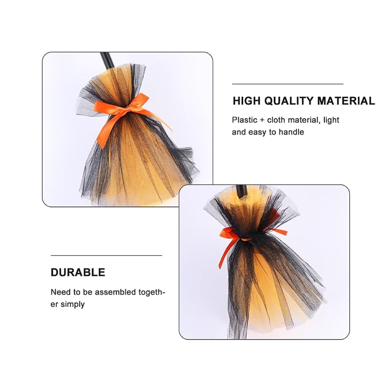 Halloween Witch Broom Prop with Gauze Decoration - Orange Costume Accessory