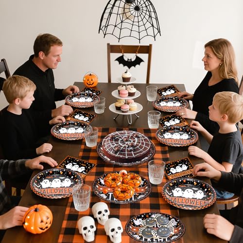 Halloween Ghost Party Plates & Napkins Set - Black & Orange, 150 Pcs