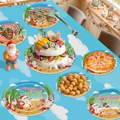 Christmas in July Plates Set - 24 Blue Summer Themed Paper Dinner & Dessert Plates