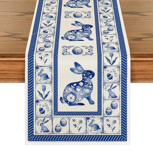 Blue and White Porcelain Bunny Egg Easter Table Runner - 13x90 Inch Seasonal Kitchen Decor