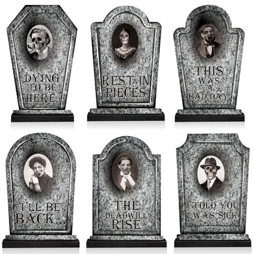 Halloween Tombstone Centerpieces with 3D Face Frames - Marble Finish, Set of 6