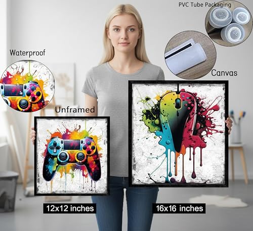 Game Room Wall Art Set - 16x16in Graffiti Gamepad Headphones Posters - 4 Pieces - Kids Bedroom Decor - Game Enthusiast Gift - Variation of THIS listing