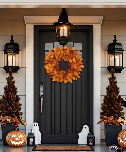 Artificial Fall Leaf Wreath - 24 Inch Autumn Decoration in Orange Yellow - Rustic Front Door Decor