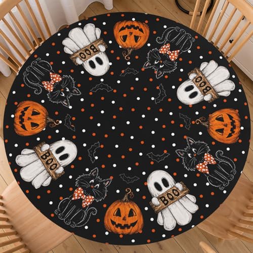 Halloween Polka Dot Round Fitted Tablecloth with Elastic - Black & White Dot, 43 Inch