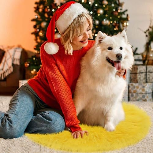 Yellow Fur Christmas Tree Skirt 36 Inch - Fluffy Faux Fur Holiday Decor