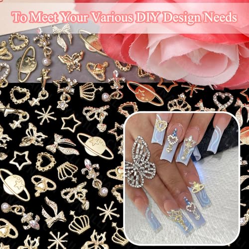 110 Pcs Gold Nail Charms & Gems Set with Stars Hearts Bows & Planets - S1