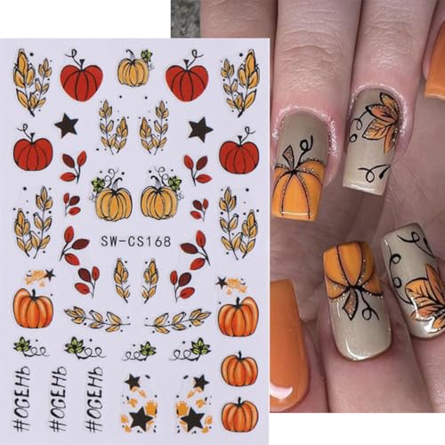 Fall Nail Art Stickers Decals 8 Sheets Pumpkin Leaf Floral DIY Manicure