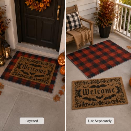 Brown Halloween Door Mat Set - Bat Welcome Doormat & Checkered Entry Rug